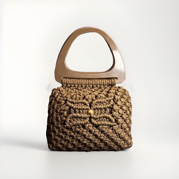 The Unbranded Brand Handbags - Vintage Macrame Woven Purse Brown Oversized Handles 60s 70s Retro Hippie Boho